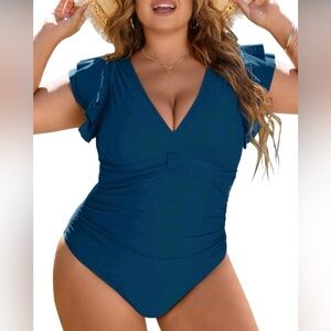 Blooming Jelly V-Neck Ruffled Sleeve One-Piece Tummy Control Swimsuit Teal Blue
